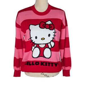Hello Kitty Striped Long Sleeve Crew Neck Sweater by Sanrio Pink and Red Medium